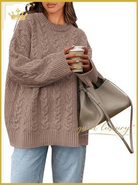 Oversized Cable Knit Pullover Sweater Chunky Cozy Crewneck Fall Tunic